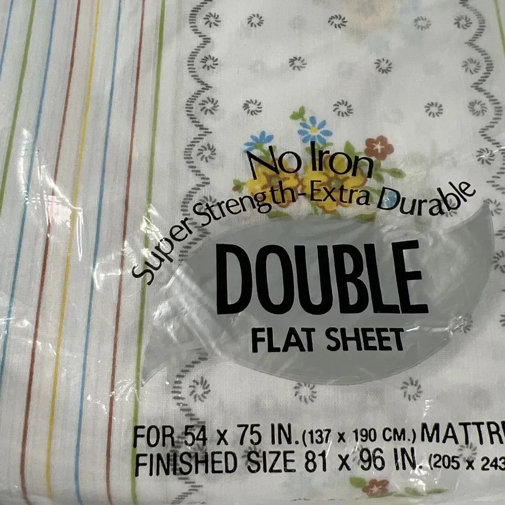 New VTG THOMASTON‎ NEW ERA No Iron Double Fitted Flat Sheet Striped Floral 54x75